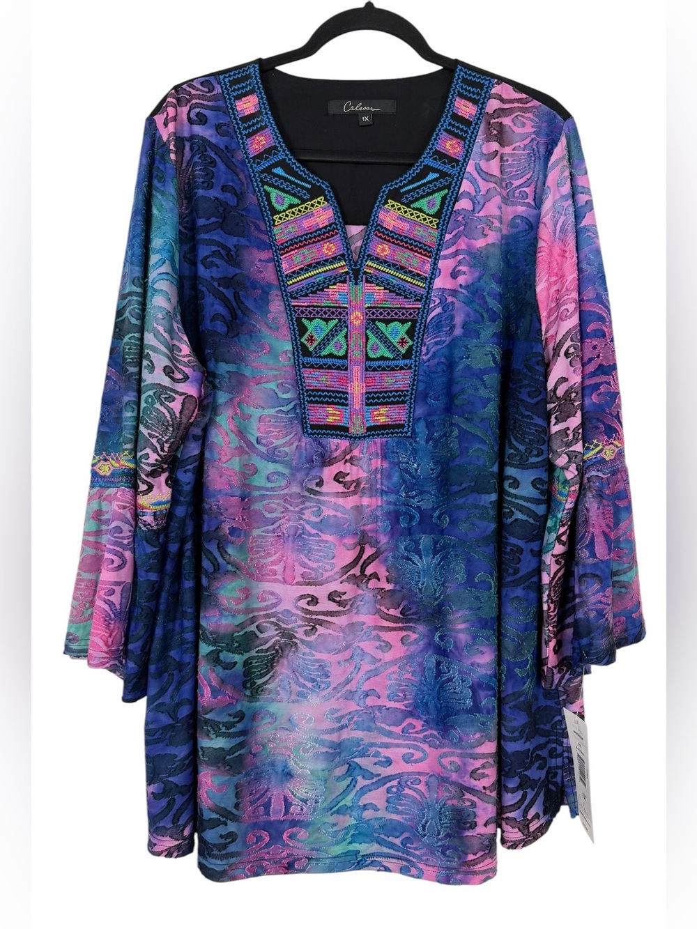 Calessa Embroidered Tunic Top Boho Tie Dye Multicolor Size 1X